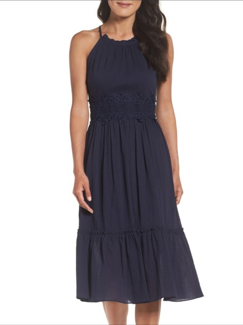 Eliza J Tiered Smocked Halter Lace Sundress Navy Size 6